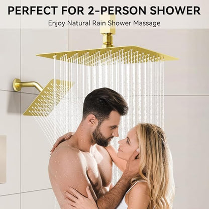 Brushed Gold Shower System, STARBATH Ceiling Mounted 12+6 Inch Rainfall Shower Head with 2 in 1 High Pressure Handhled, Can Use All at Once, Push Button Diverter Thermostatic Valve with Trim Kit