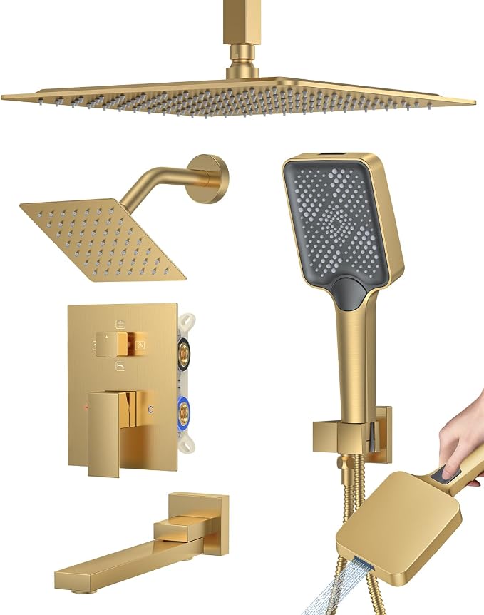 Woindo 4 Function Shower Faucet Set 12" Rain Shower Head/6'' Side Shower Head and 3 Setting Handheld Ceiling Mount Push Button Diverter Complete Rainfall Round Shower System Included Valve Trim Kit