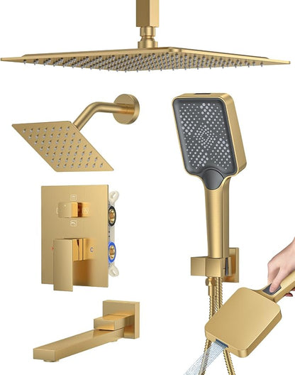 Woindo 4 Function Shower Faucet Set 12" Rain Shower Head/6'' Side Shower Head and 3 Setting Handheld Ceiling Mount Push Button Diverter Complete Rainfall Round Shower System Included Valve Trim Kit