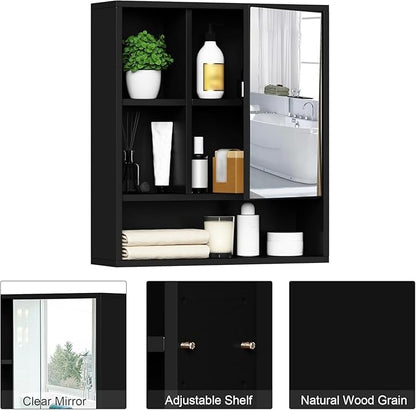 ChooChoo Bathroom Wall Mirror Cabinet, Medicine Cabinet with Single Door and Adjustable Shelf, Over The Toilet Space Saver Storage Cabinet, Black