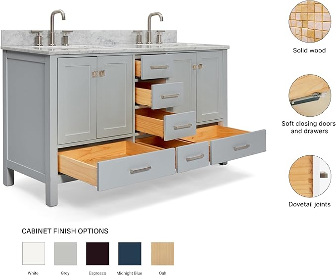 ARIEL Cambridge 60-inch Bathroom Vanity with Sink,Solid Wood, 0.75-inch Italian Carrara Marble Countertop, Double Rectangular Porcelain Sink, 4 Soft Closing Doors, 6 Dovetail Drawers, Grey