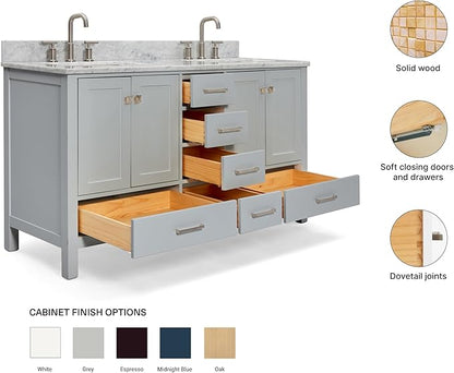 ARIEL Cambridge 60-inch Bathroom Vanity with Sink,Solid Wood, 0.75-inch Italian Carrara Marble Countertop, Double Rectangular Porcelain Sink, 4 Soft Closing Doors, 6 Dovetail Drawers, Grey