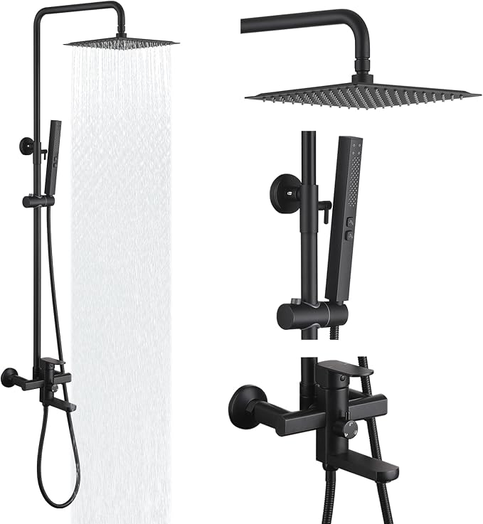 Exposed Shower System 10" Matte Black Rainfall Shower Head with 2 Modes Handheld and Tub Faucet Set, Square Shower Head 3 Functions Outdoor Shower Fixtures with Brass Valve, Height Adjustable