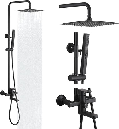 Exposed Shower System 10" Matte Black Rainfall Shower Head with 2 Modes Handheld and Tub Faucet Set, Square Shower Head 3 Functions Outdoor Shower Fixtures with Brass Valve, Height Adjustable