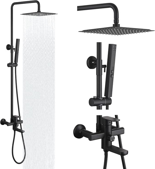 Exposed Shower System 10" Matte Black Rainfall Shower Head with 2 Modes Handheld and Tub Faucet Set, Square Shower Head 3 Functions Outdoor Shower Fixtures with Brass Valve, Height Adjustable