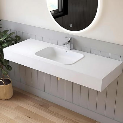 59" x 21.6" Wall-Mounted Stone Resin Rectangular Vessel Sink, Modern Floating Bathroom Sink for Vanity, Art Basin Trough, Durable and Stylish Bathroom Sink for Modern Homes, White
