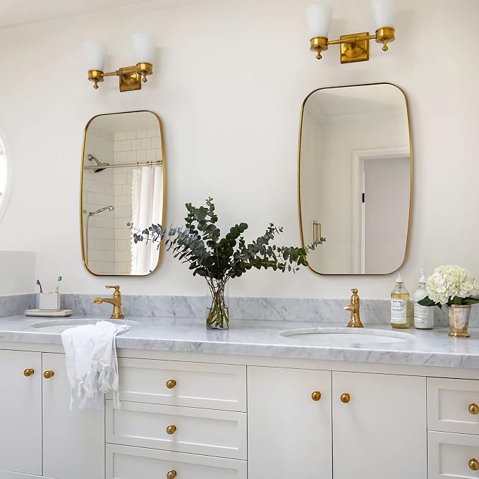 Gold Bathroom Mirror, 20x30’’ Brushed Gold Vanity Mirror for Bathroom, Brushed Brass Oblong Stainless Steel Metal Frame Mirror for Over Sink