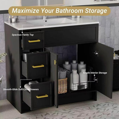 36 Inch Freestanding Bathroom Vanity with Sink, Shaker Style Black Cabinet with 3 Drawers & Double Doors, Waterproof Lacquer Finish, Ideal for Master Bathroom & Family Home