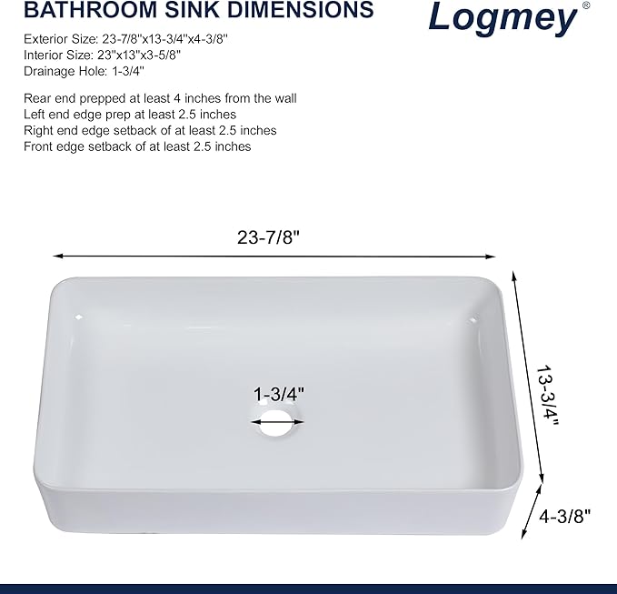 Logmey 24" Bathroom Sink Dorp in 24x14 Large White Vessel Sink for Bathroom Porcelain Rectangule Ceramic Modern Countertop Above Counter Bathroom Vanity Sink Art Basin