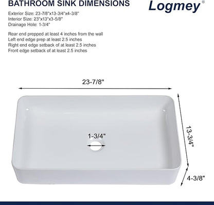 Logmey 24" Bathroom Sink Dorp in 24x14 Large White Vessel Sink for Bathroom Porcelain Rectangule Ceramic Modern Countertop Above Counter Bathroom Vanity Sink Art Basin