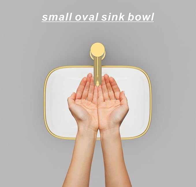 J-FAMILY 14.5'' x 10'' Bathroom Small Vessel Sink Above Counter White Porcelain Ceramic Sink Bowl GoldTrim Decoration Small Vanity Sink Lavatory Wash Basin