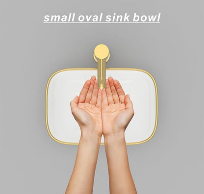 J-FAMILY 14.5'' x 10'' Bathroom Small Vessel Sink Above Counter White Porcelain Ceramic Sink Bowl GoldTrim Decoration Small Vanity Sink Lavatory Wash Basin