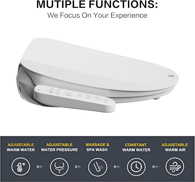 FN1 Electronic Bidet Seat Elongated, Smart Toilet Bidet Seat, Bidet Attachment for Toilet Warm Water, Warm Air Dryer, Rear and Front Wash, LED Light
