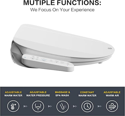 FN1 Electronic Bidet Seat Elongated, Smart Toilet Bidet Seat, Bidet Attachment for Toilet Warm Water, Warm Air Dryer, Rear and Front Wash, LED Light