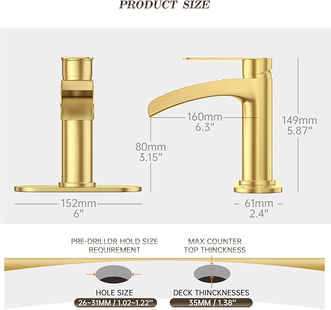 Phiestina Single Handle Waterfall Faucet for Bathroom Sink in Brushed Gold Finish, with 6-Inch Deck Plate,Metal Pop Up Drain Assembly & CUPC Water Supply Lines,NS-SF01-BG