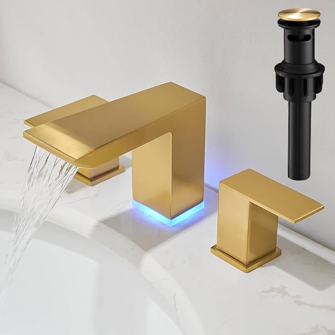 BESy Led 3 Hole Bathroom Sink Faucet, Brushed Gold Waterfall Wide Spread with 3 Colors Light Changing, Widespread Vanity Faucet 2 Handle with Supply Lines