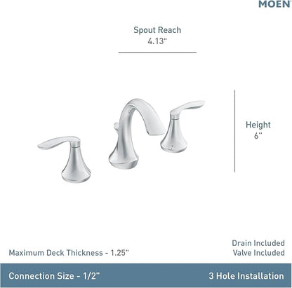 Moen Eva Chrome Two-Handle High Arc Widespread Bathroom Sink Faucet for 3-Hole Setups with Valve Included, TV6420