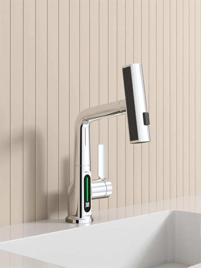 Bathroom Single Handle One Hole Basin Sink Pull Out Faucet with Waterfall Sprayer Temperature Digital Display Vanity Mixer Tap Pull-Down Spray Head Chrome