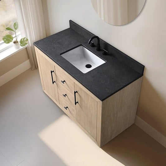 Vanity Art 48" Bathroom Vanity with Sink, Vanity Cabinet with Doors and Shelf, Modern Wood Bathroom Vanity with White Marble Top, Solid Wood Frame, 3 Functioning Drawers,VA70-48-LW-B