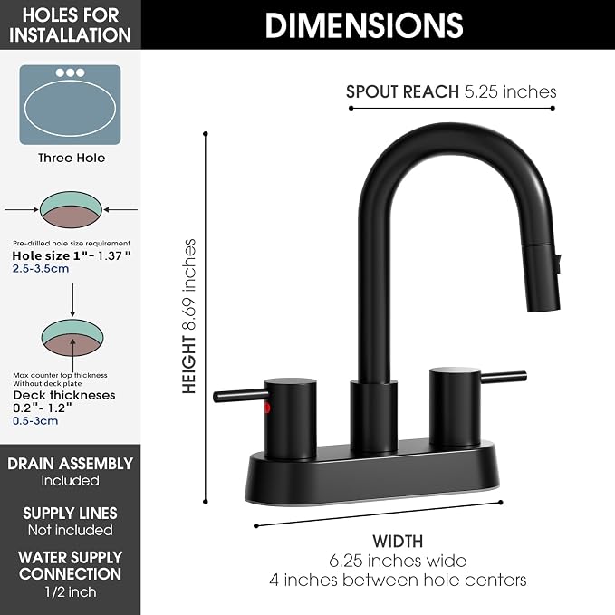 Stainless Steel Matte Black Bathroom Faucet with Pull Out Sprayer, Black Dual-Function Spout Bathroom Sink Faucet, 4 Inch Two Handle Utility Sink Faucet with Sprayer 3 Hole, Pet Shower, RVs