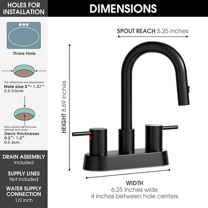Stainless Steel Matte Black Bathroom Faucet with Pull Out Sprayer, Black Dual-Function Spout Bathroom Sink Faucet, 4 Inch Two Handle Utility Sink Faucet with Sprayer 3 Hole, Pet Shower, RVs