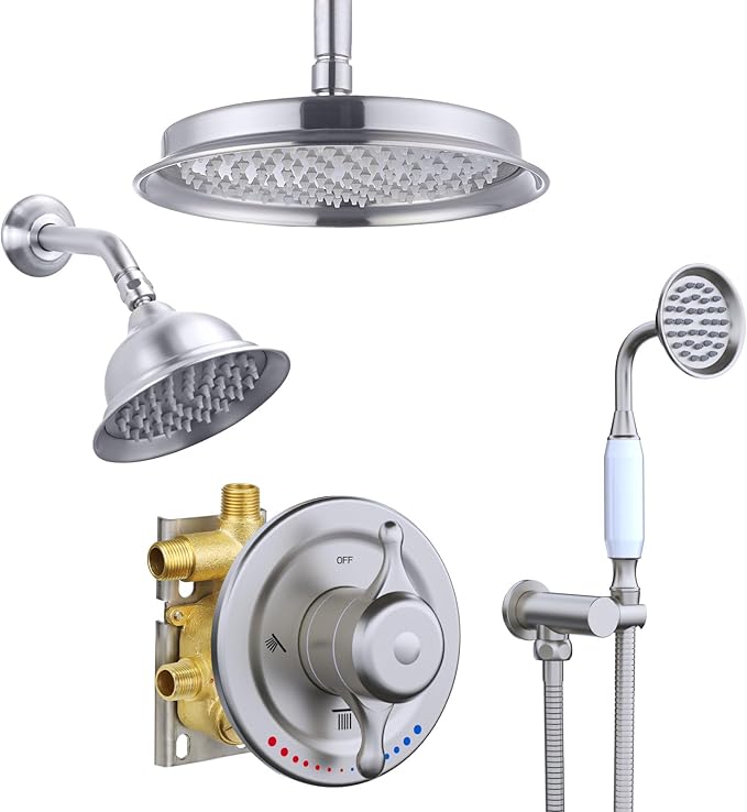 Antique Brass Shower System, 9" & 6" Dual Rain Heads and Handheld Spray Vintage Fixtures, 3-Function Dual Knob Valve with Separate Temperature Control, Brused Nickel
