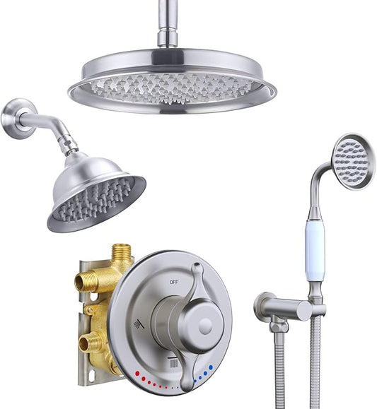 Antique Brass Shower System, 9" & 6" Dual Rain Heads and Handheld Spray Vintage Fixtures, 3-Function Dual Knob Valve with Separate Temperature Control, Brused Nickel