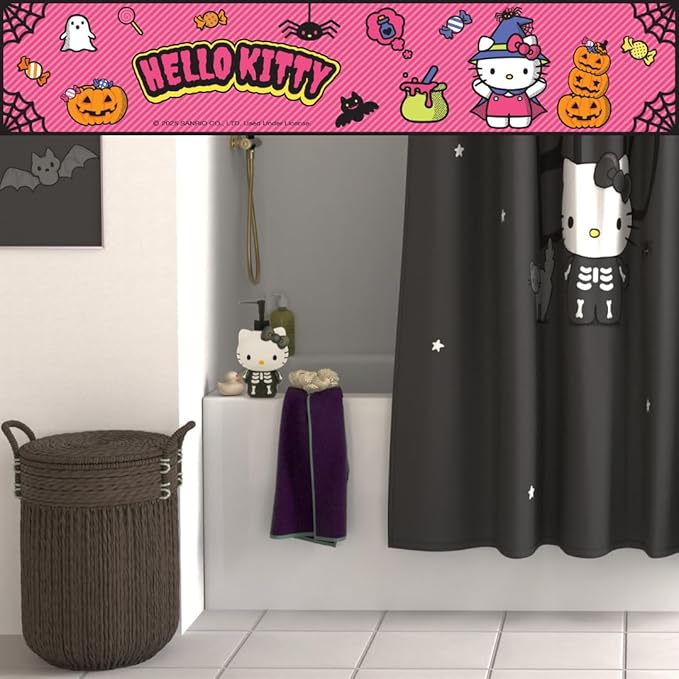 Sanrio Hello Kitty Skeleton Halloween 13-Piece Shower Curtain Set, 72 x 72 Inch Fabric Curtain with Hooks, Bathroom Decor, Machine Washable, (100% Officially Licensed Product) by Franco Collectibles