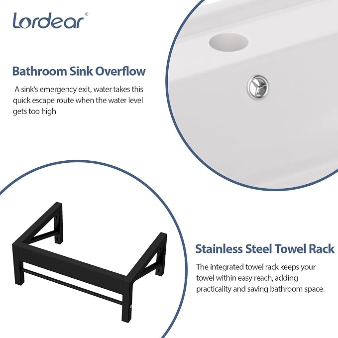 Lordear Wall Mounted Bathroom Sink with Towel Rack 24 x 16 Inch Modern Black Wall Hung Sink for ADA Bathrooms, Rectangular One Hole Porcelain Vanity Sinks