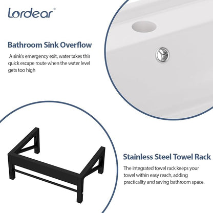 Lordear Wall Mounted Bathroom Sink with Towel Rack 24 x 16 Inch Modern Black Wall Hung Sink for ADA Bathrooms, Rectangular One Hole Porcelain Vanity Sinks