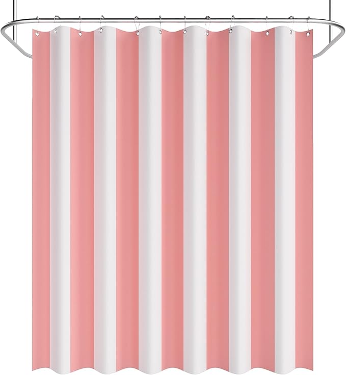 AmazerBath Pink Vertical Stripes Shower Curtain, Cute Pink Stripe Bathroom Shower Curtain with 12 Shower Curtain Hooks, Rustic Fabric Pink and White, 72x72 Inches