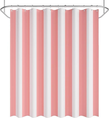 AmazerBath Pink Vertical Stripes Shower Curtain, Cute Pink Stripe Bathroom Shower Curtain with 12 Shower Curtain Hooks, Rustic Fabric Pink and White, 72x72 Inches