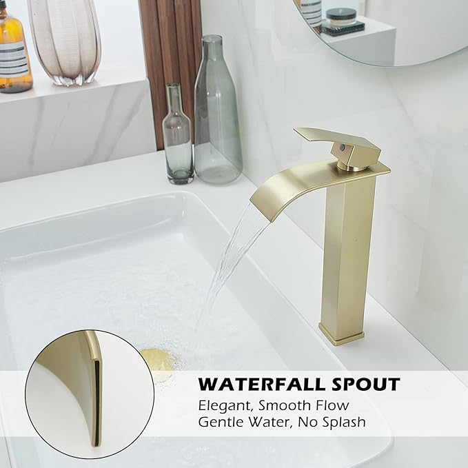 BWE Vessel Sink Faucet Brushed Gold Faucet for Bathroom Sink Tall Waterfall Bathroom Faucet Single Handle One Hole Vanity Sink Faucet with Pop-up Drain