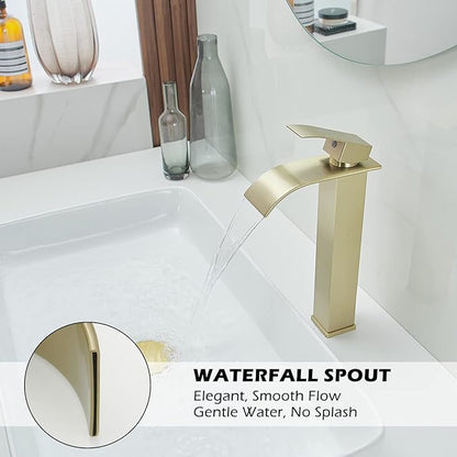 BWE Vessel Sink Faucet Brushed Gold Faucet for Bathroom Sink Tall Waterfall Bathroom Faucet Single Handle One Hole Vanity Sink Faucet with Pop-up Drain