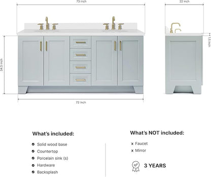 ARIEL Taylor 72-inch Bathroom Vanity with Sink,Solid Wood, 1.5-inch Pure White Quartz Countertop & Backsplash, Double Oval Porcelain Sink, 4 Soft Closing Doors, 6 Dovetail Drawers, Grey