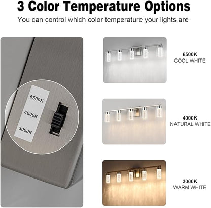 SineRise 5-Light Brushed Nickel Vanity Light with 3 Color Modes (3000K/4000K/6000K), Eye Protection LED Bathroom Light Fixture, Dimmable Modern Wall Light Over Mirror with Clear Glass Shade
