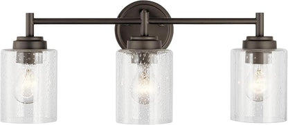 Kichler Winslow 3-Light Farmhouse Vanity Light, Olde Bronze | Clear seeded glass vanity light for bathroom mirrors (21.5" x 9.25"), 45886OZ