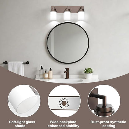 Bathroom Light Fixtures, Oil Rubbed Bronze Bathroom Lighting Fixtures Over Mirror, Modern Vanity Light with White Glass Shade, Restroom Lighting Fixtures, 3-Light 22-inch