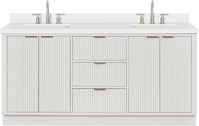 ARIEL Milan 72-inch Bathroom Vanity with Sink,Solid Wood, 1.5-inch Pure White Quartz Countertop & Backsplash, Double Rectangular Porcelain Sink, 4 Soft Closing Doors, 3 Dovetail Drawers, Warm White