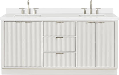 ARIEL Milan 72-inch Bathroom Vanity with Sink,Solid Wood, 1.5-inch Pure White Quartz Countertop & Backsplash, Double Rectangular Porcelain Sink, 4 Soft Closing Doors, 3 Dovetail Drawers, Warm White