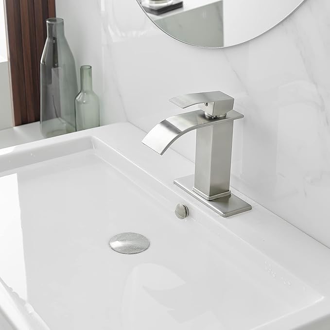 BWE Bathroom Faucet Modern Brushed Nickel Waterfall Single Hole Faucet for Bathroom Sink Single Handle with Pop Up Drain with Overflow Assembly and Supply Line Lavatory Bath Faucet