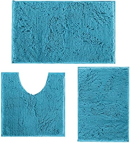 Bathroom Rugs Bath Mats for Batroom Chenillen Bath Rug Set 3 Piece Non-Slip Bath Mats, Absorbent Shaggy Rugs, Machine Wash, Perfect Plush Bathroom Mats, Bathroom Carpets Set Teal Blue