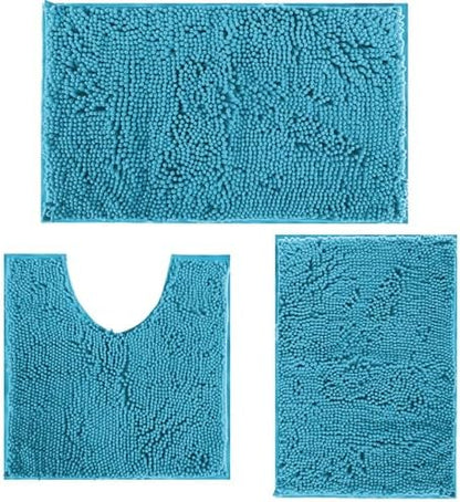 Bathroom Rugs Bath Mats for Batroom Chenillen Bath Rug Set 3 Piece Non-Slip Bath Mats, Absorbent Shaggy Rugs, Machine Wash, Perfect Plush Bathroom Mats, Bathroom Carpets Set Teal Blue