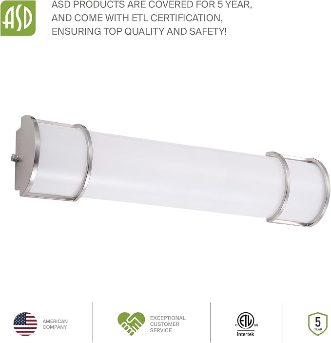 ASD LED 30" Vanity Flush Mount Light Fixture, Linear Bathroom Lighting Bar | 3CCT, Dimmable, Energy Star, ETL Listed | 28W 2425LM 3000-5000K 120V | Long Bath Wall Sconce Over Mirror | Nickel