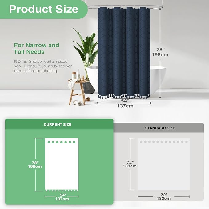 Stall Boho Shower Curtain Tufted Geometric 54"x78" Navy Blue | 54 x 78 inch Long, Elegant Tassel, Lightweight Textured Fabric, Water Repellent, Washable, for Narrow Bathroom/Dorm 10 Hooks