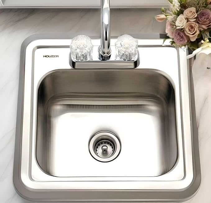 Houzer Hospitality Stainless Steel Bar & Prep Sink: 15 Inch Drop-In Topmount 2-Hole Sink for Bar & Kitchen, Durable & Versatile, Essential for Home & Apartment: 1515-6BS-C