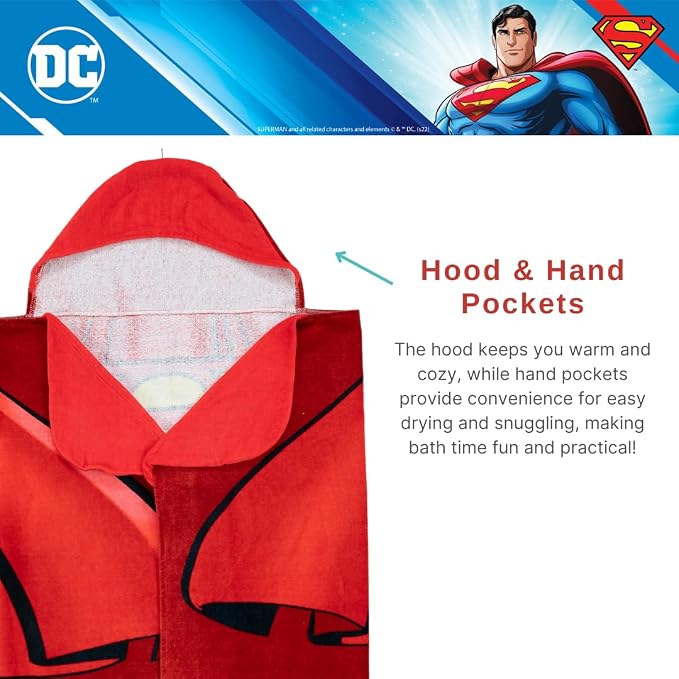 Franco Superman DC Comics Cape Kids Super Soft Bath/Pool/Beach Soft Cotton Terry Hooded Towel Wrap, 24 in x 50 in, (Officially Licensed Product)