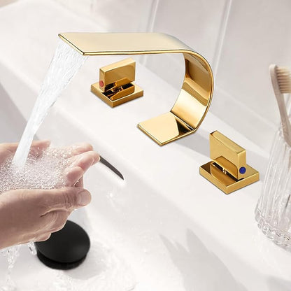 becola Gold Bathroom Faucet 3 Hole,Ultrathin Low Arc 8 inch Widespread Bathroom Faucet,Waterfall Bathroom Faucet,2-Handle Modern Vanity Faucet with Hot and Cold Water Supply Hoses