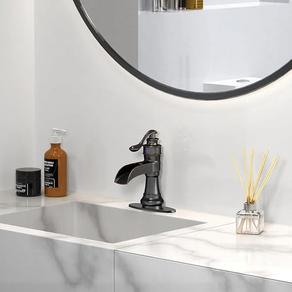 Bathroom Sink Faucet Waterfall Oil Rubbed Bronze Single Handle | Pop Up Drain with Overflow,Easy to Clean,Stable Installation,Gentle Water Flow Prevents Splashing,Elegant Minimalist Style