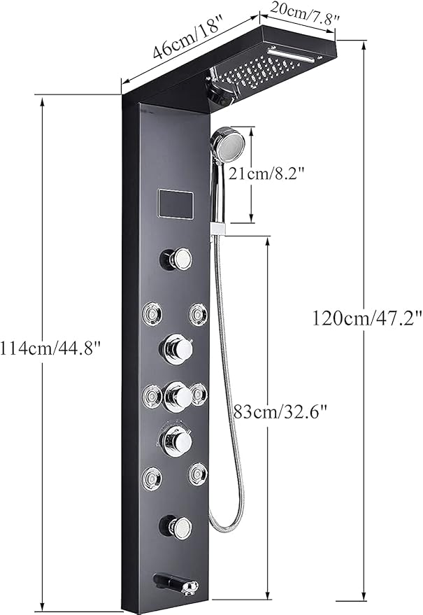 FUZ Contemporary Shower Panel Tower System Stainless Steel 6-Function Faucet LED Rainfall Waterfall Shower Head + Handheld Sprayer + Rain Massage Body Jets + Tub Spout, Black.